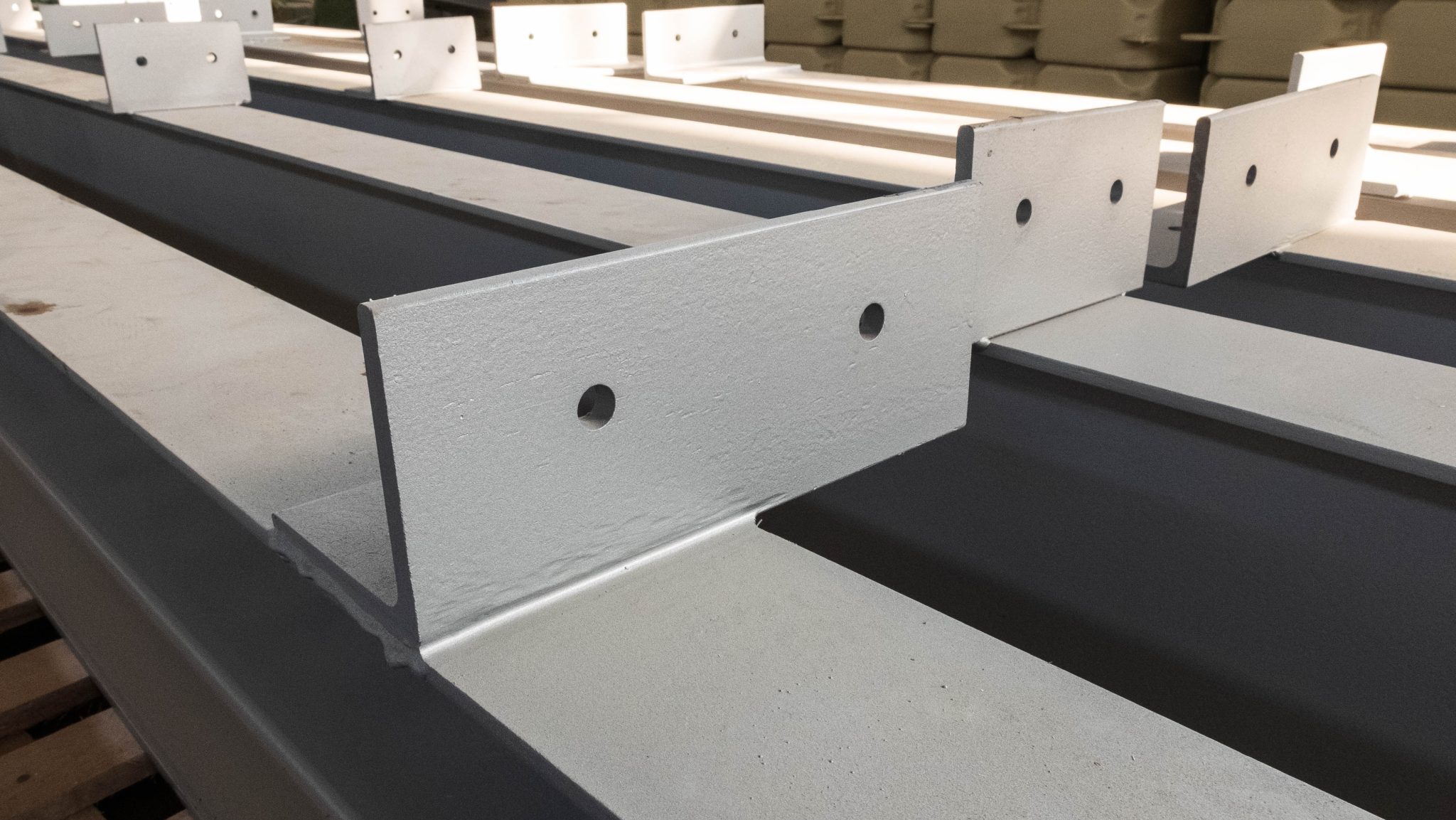 Stacked metal parts of a pre fabricated building Fast built camp construction parts at the warehouse